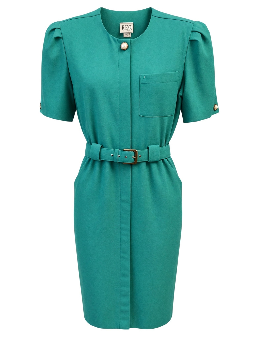 Vintage 1980s R.E.O. Originals Teal Green Belted Midi Sheath Dress. SZ. 10